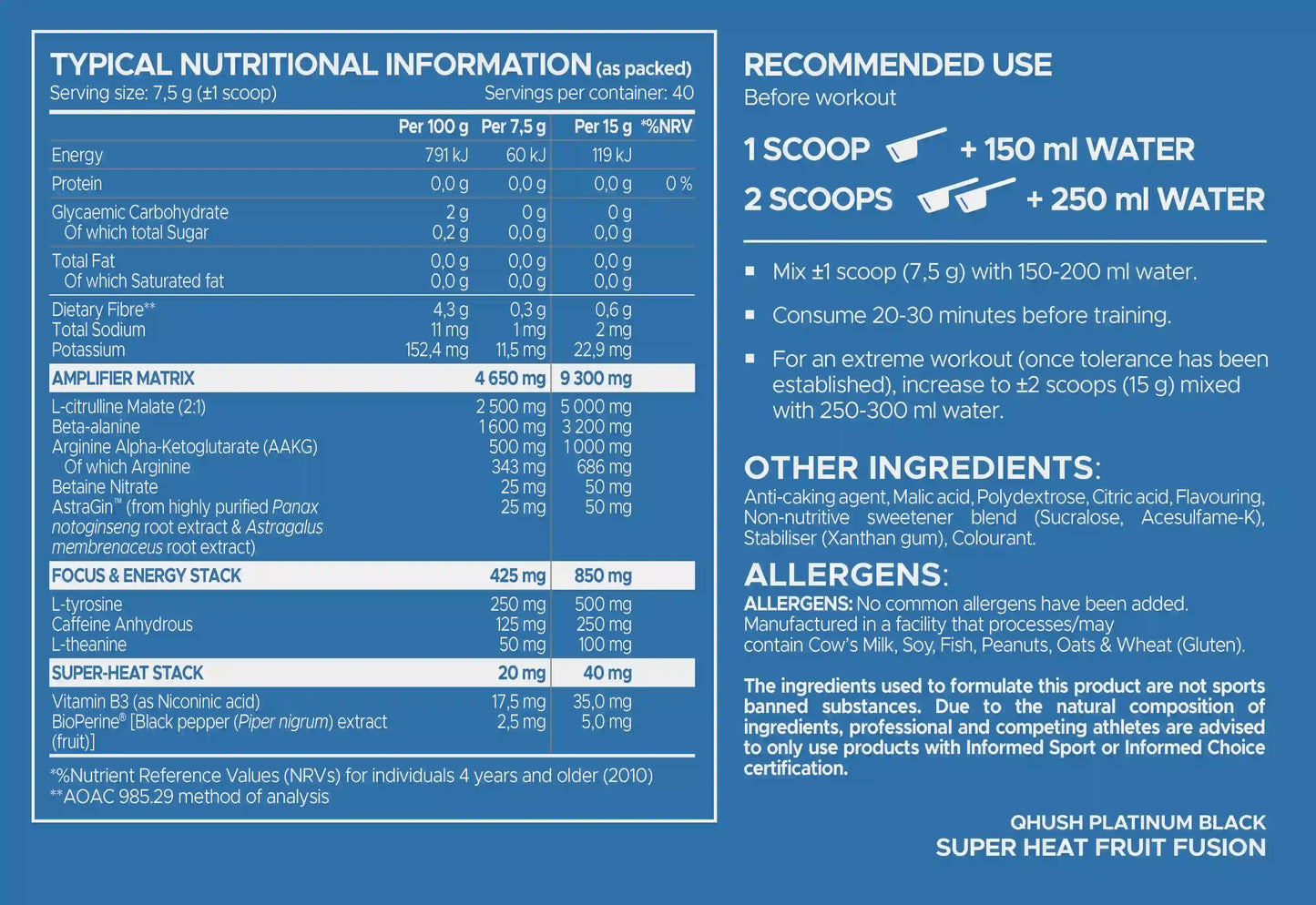 Qhush Platinum Black Pre-Workout 300g