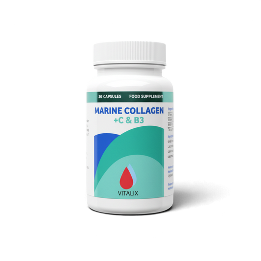Protein House Marine Collagen capsules with vitamin C and B3 in a white bottle for skin, hair, and joint health.