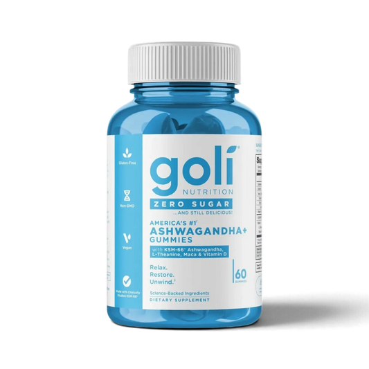 Protein House Goli Nutrition Ashwagandha zero sugar gummies bottle with KSM-66 extract, vitamin D2, and L-theanine.