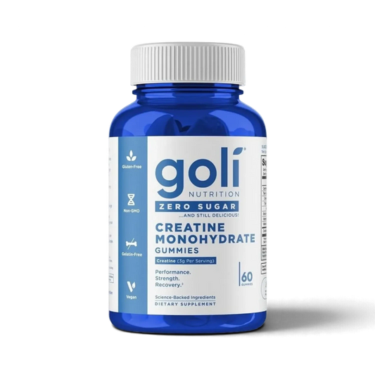 Protein House Goli Nutrition Creatine Monohydrate zero sugar gummies in a blue bottle with white cap