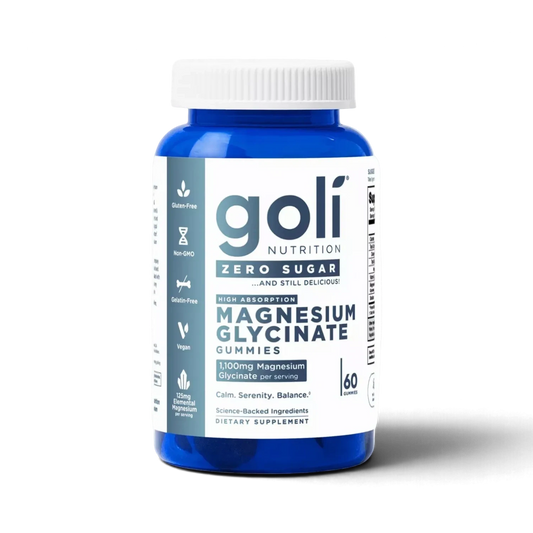 Protein House Goli Nutrition Magnesium Glycinate zero sugar gummies in a blue bottle with 60 chewable supplements.