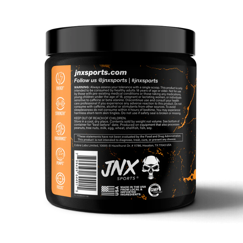 Protein House The Curse pre-workout supplement tub back label with ingredients and JNX Sports branding