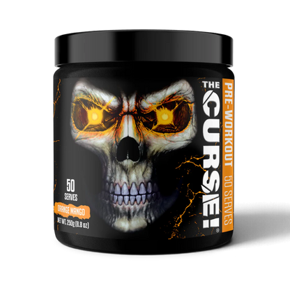 Protein House The Curse pre-workout supplement tub in Orange Mango flavor featuring a skull graphic design